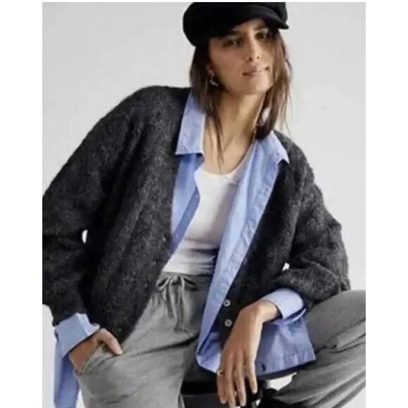 Free People Amelia Cardigan Alpaca Blend Button Front Boho M Knit Gray Lagenlook - Picture 1 of 9